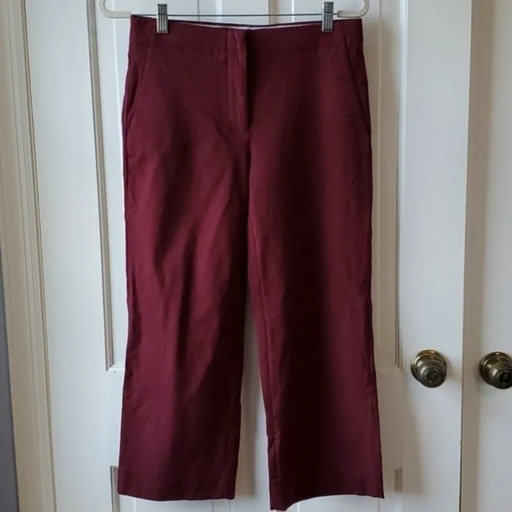 J. CREW STRAIGHT LEG CROPPED PANTS BURGUNDY MAROON WINE FALL COTTON SIZE 2